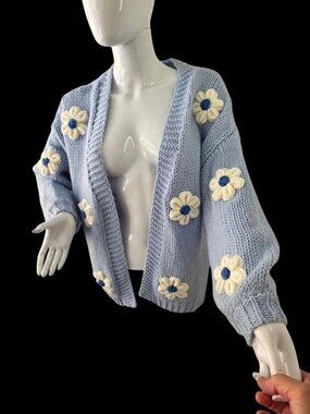 Baevely Oversize Floral Cardigan Sweater Women Sz S Blue Chunky Knit Cottagecore